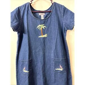 VTG Women Sz L Dress Blue Denim Embroidered Flamingo Palm Tree Novelty Beach